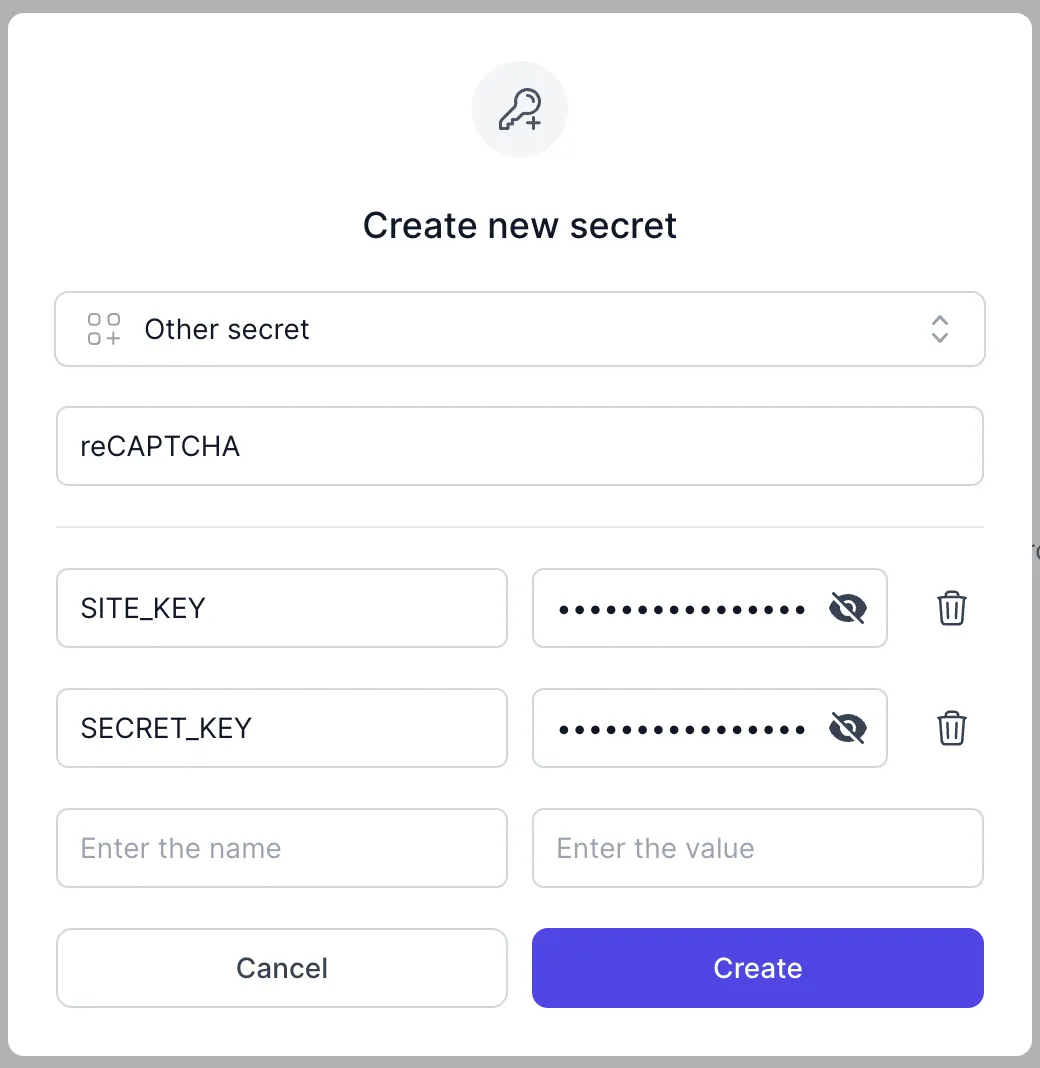 Adding the reCAPTCHA site key and secret key to Zero