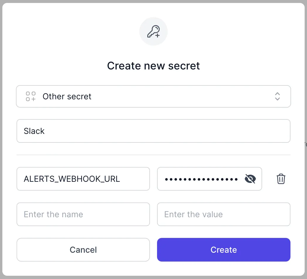 Adding the Slack webhook URL as a secret in Zero
