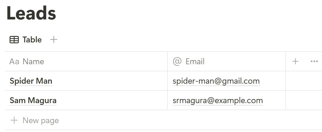 The Notion database showing the leads that were entered via the form