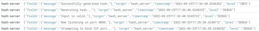 hash-server logs in the Datadog UI