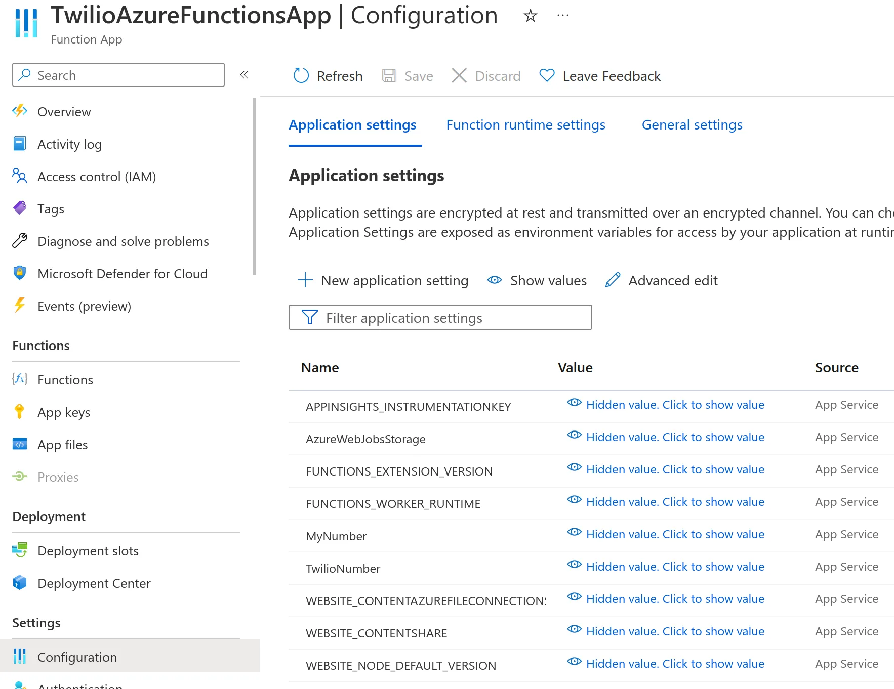 The TwilioNumber and MyNumber settings in the Configuration tab in Azure Portal