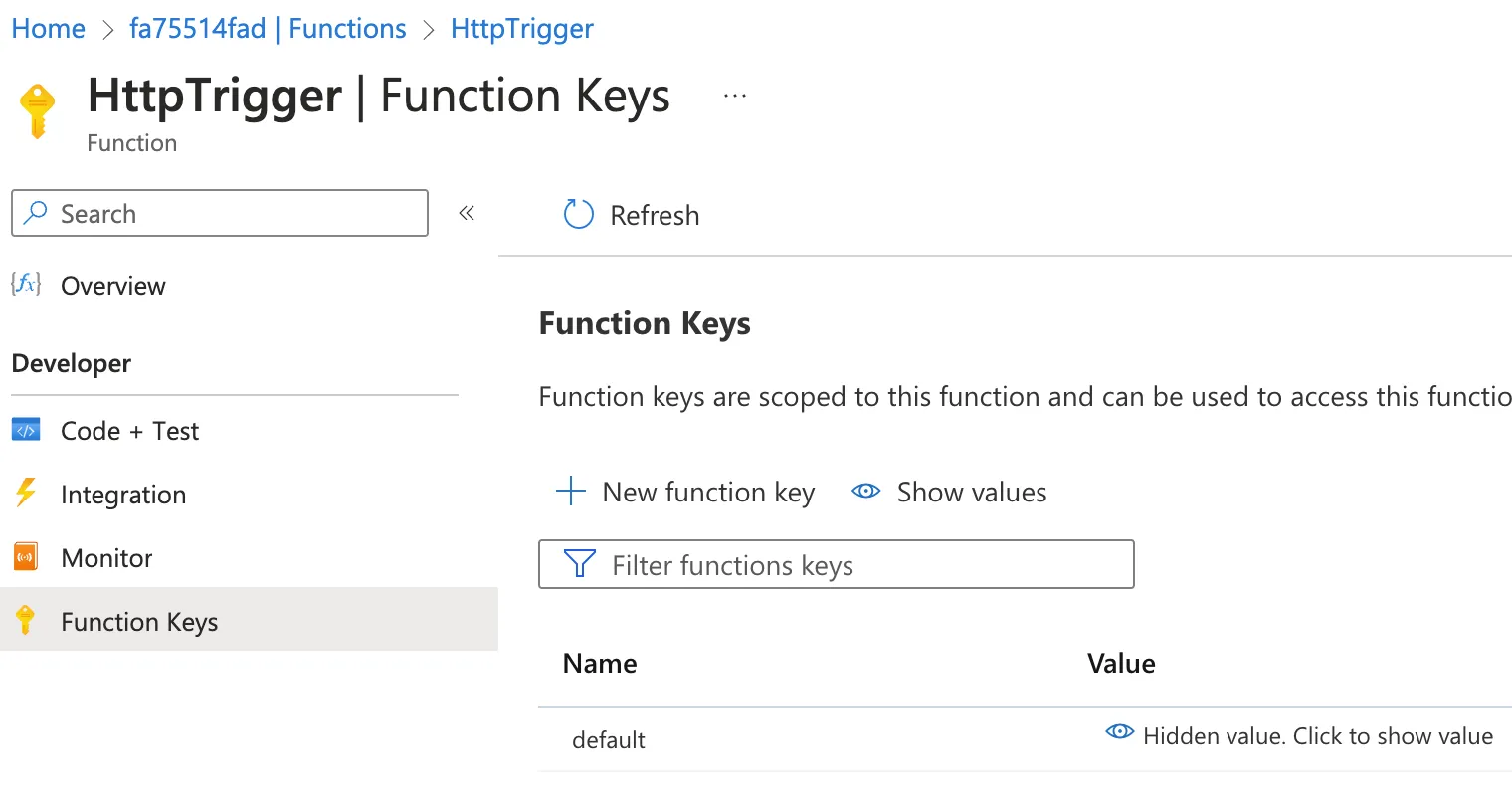 Accessing the function key in Azure Portal