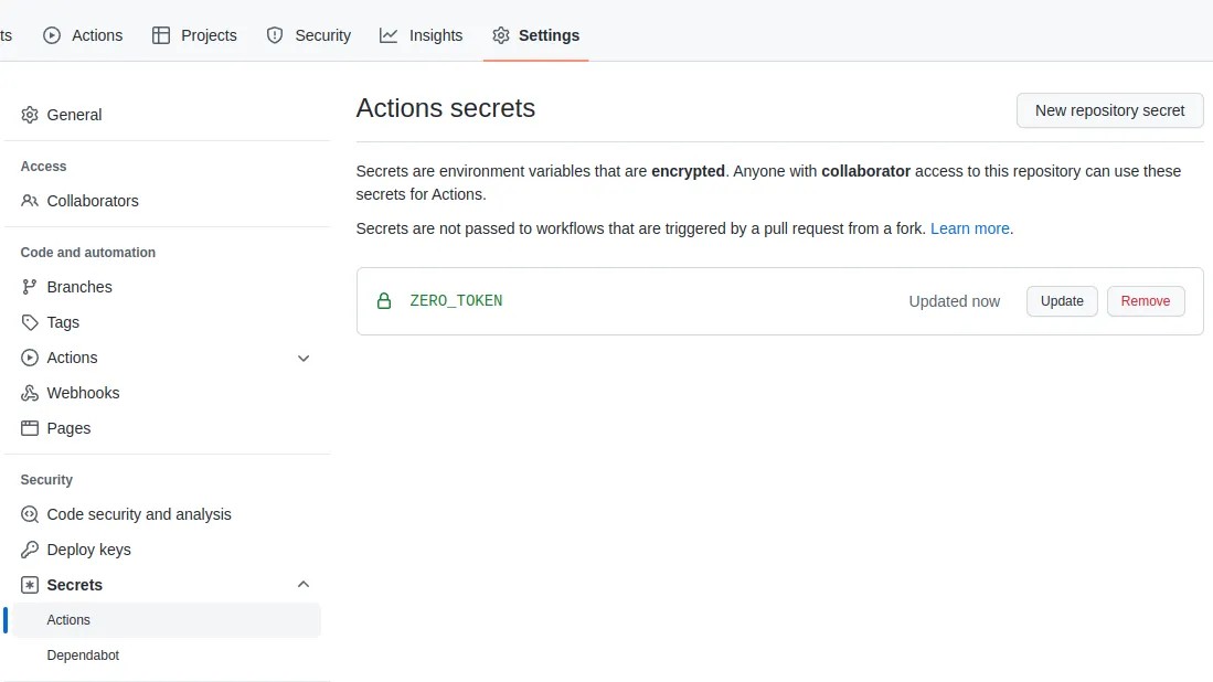 Adding the Zero token to the GitHub repository as a secret