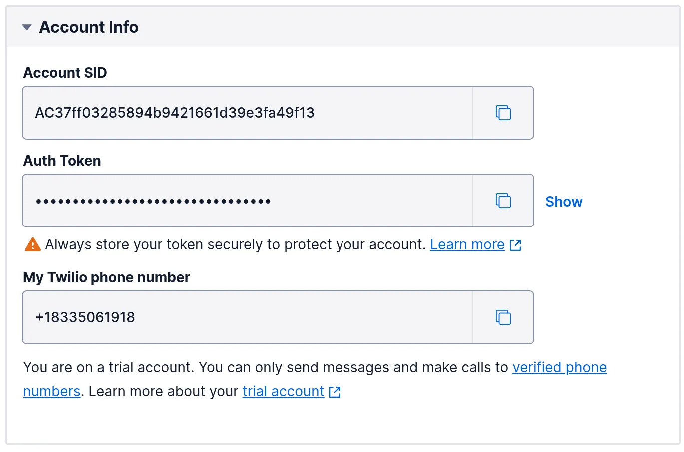 The Account SID and Auth Token in the Twilio Console